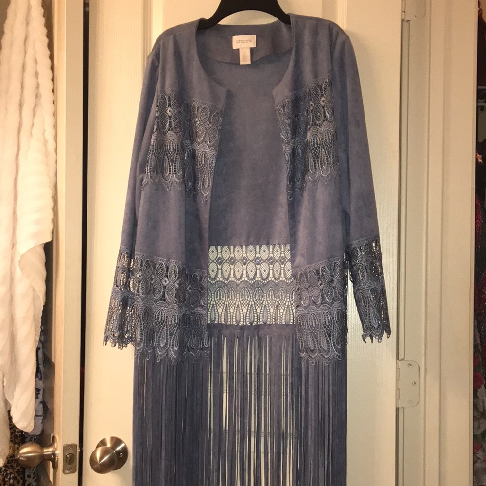 Chico’s Laced & Fringe Jacket, Soft-Blue, Never Worn, Great W/Jeans, Excellent!